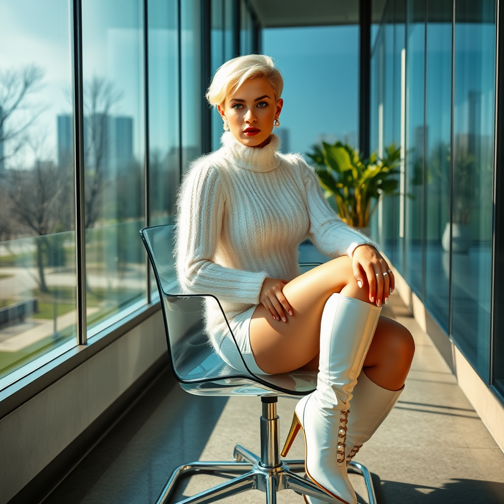 Sunny spring morning, modern glass-steel-concrete office, sitting on glass chair at wall, waiting for the master: Ana, European 17 years old very convincing femboy “trophy-bimbo”, tamed servile docile, very beautiful feminine flawless face, rather short boyish figure, platinum blond short tight curls, bold red lips, heavily made-up face, long French nails, wearing Supertanya-style chunky fluffy very fuzzy bright white plushy mohair figure-hugging turtleneck-knitdress with white pearl decoration, white vinyl thigh-high boots with golden heels, pearl earrings, serious, leaning forward presenting her assets, arrogantly looking at camera.