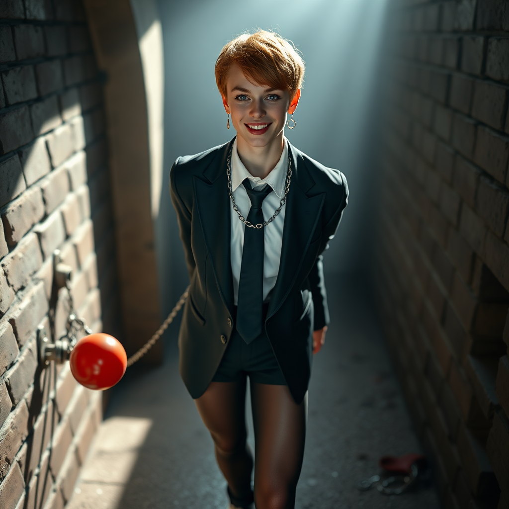 photorealistic, ultra high resolution, 16K, surreal fantasy, soft studio lighting, Tyler Swift is a pretty 18 year old goth male, slim male physique, auburn hair, goth makeup, earrings, shiny black pantyhose, school uniform shirt tie and blazer, Mary-Jane shoes, spiky neck collar chain and leash, red ball-gag, in a dungeon, the end of the leash is chained to the wall, in daylight, excited smile, facing the camera.