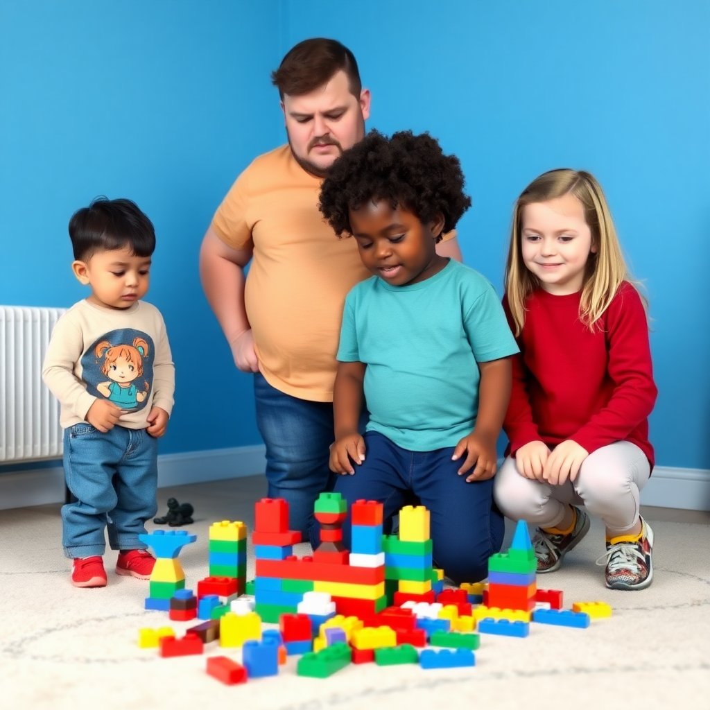 A group of 5 different children who are short in height, tall, fat, black, and fair-skinned are playing with toy building blocks at the age of 10, and the room in which they are playing should have blue-colored walls.