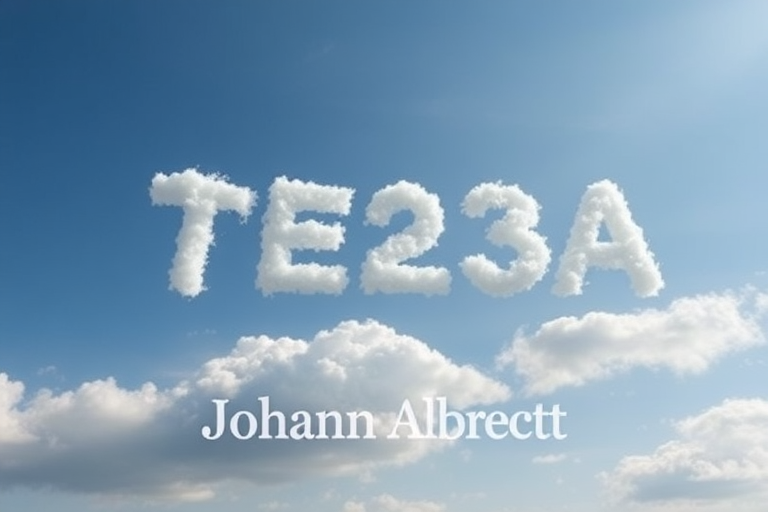 "TE23A" made out of clouds in the sky with the text "Johann Albrecht" below also out of clouds but smaller, all text made out of clouds.