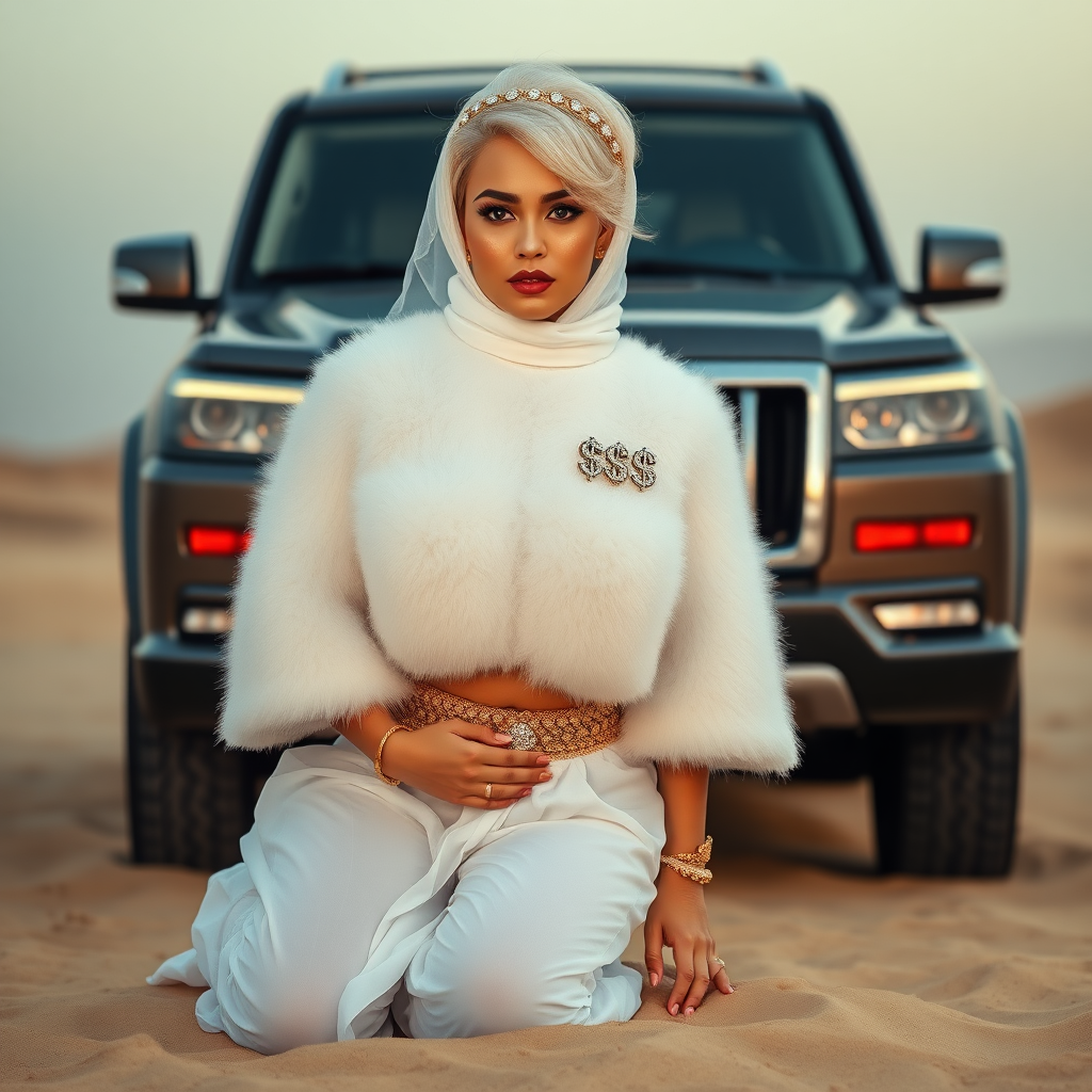 Kuwait desert dunes misty dawn, full size luxury SUV: Melissa, European 17 years old very convincing femboy “trophy-bimbo”, tamed servile docile, very beautiful feminine flawless face, rather short, by hormones very curvaceous womanly figured, platinum blond short tight curls, bold red lips, heavily made-up face, wearing Supertanya-style fluffy very fuzzy bright white angora turtleneck-poncho cropped ending under bust decorated with pearls and gemstones, striking oriental wide gold bridal protection belt, white fully transparent harem pants, full Oriental bridal jewelry including headpiece, face partly covered by white transparent harem-style face veil, coin anklets, striking diamond “$$$” letter brooch on left chest, pout frustrated, hands tied behind back, kneeling in sand in front of SUV, looking at camera. Focus on face and turtleneck-poncho.