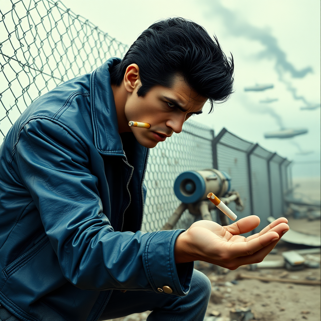 1950s greaser in blue leather jacket with black hair.

There is a cigarette hanging from greaser's lips.

Greaser is hunched forward looking grimly down at his open palm where there is another unlit cigarette.

Fence in background.

Beaten up robots laying around fence.

Flying cars and smoke in sky.

Dirty. Bleak.