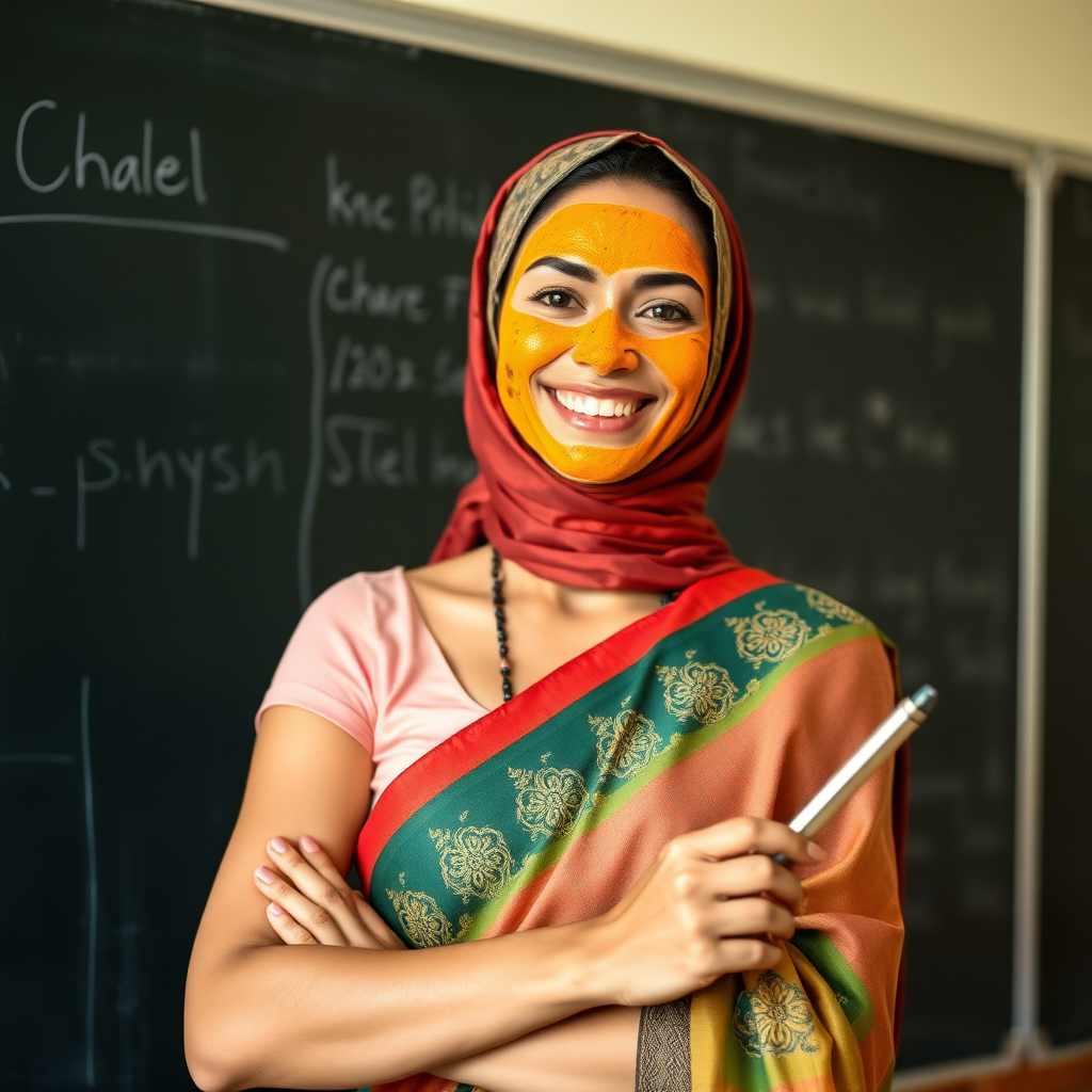 slim, 30 year old, sexy, french female school teacher, saree, scarf head, turmeric face mask. She is smiling and teaching on a blackboard