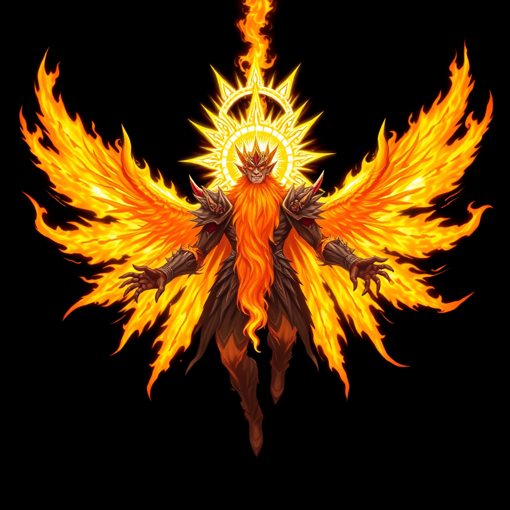 (High quality Anime styled art) Black background of a A Truly Colossal Supreme divine yet malevolent entity made of pure-solar golden-burning flame, white aura symbol around head, embodying both pure holiness and corruption, floats ominously in mid-air. Eight blazing, fiery wings radiate intense solar energy, while a shattered unique halo resembling the sun hovers above its head, body is made of pure-solar-burning flames, he is wearing black-death shoulder-plated armor, badass, 6 long arms, the being's long beard sways as its wrathful, ember-like eyes burn with intense fury, glowing in vivid shades of yellow and orange, exuding a powerful and foreboding energy.