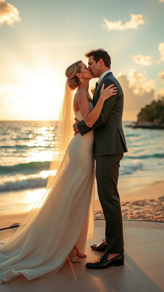 In the background, the bride Nicole Kidman and the groom Tom Cruise are elegantly dressed, she in high heels and he in patent leather shoes, he passionately kisses the bride, against the backdrop of the sea with a beautiful beach, a sunset sky with sun rays and clouds.