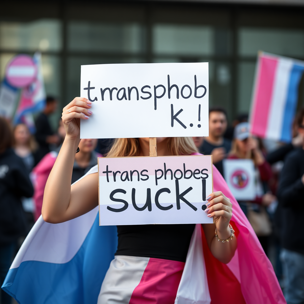 a transgender woman with the transgender flag holding a sign that says "transphobes suck!"