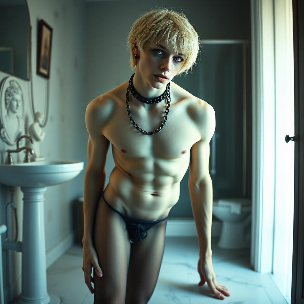 photorealistic, ultra high resolution, 16K, surreal fantasy, soft studio lighting, Caleb Swift is a pretty 16 year old goth male, slim male physique, blonde hair, blue eyes, goth makeup, earrings, sheer black pantyhose, spikey neck collar with chain, standing on the floor of the bathroom striking a pose as Michelangelo's "David" sculpture, excite mouth, bulging manhood, full body front view from side with Caleb facing the camera.