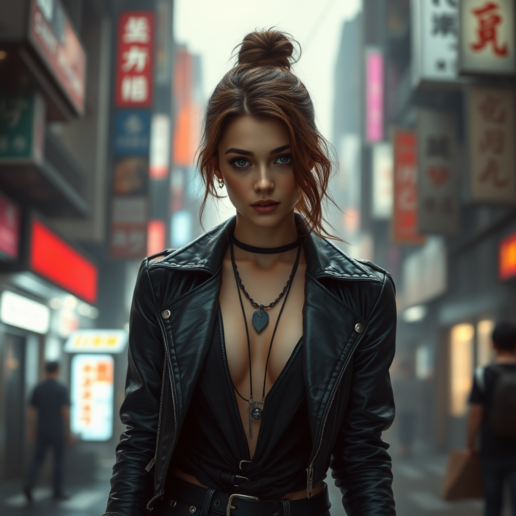 A full body shot of a pretty twenty-something female with a face resembling (Ana de Armas). Elegant cyberpunk clothing, Neo-Tokyo, Shadowrun. Hyper-realistic, photorealistic digital matte painting, soft focus, film grain, lens flare. Gritty, dirty, scuffed.