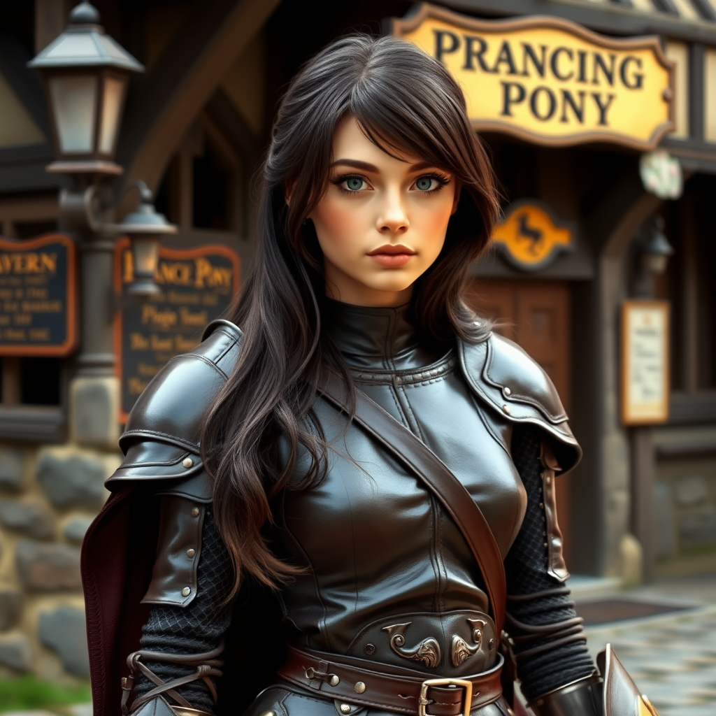 beautiful young woman, dark hair past her shoulders, blue eyes, small, slim figure, wearing full leather armor suit, long cloak, standing next to medieval tavern with sign: "Prancing Pony".