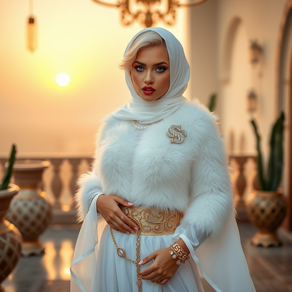 Kuwait desert palace harem patio misty dawn: Melissa, European 17 years old very convincing femboy “trophy-bimbo”, tamed servile docile, very beautiful feminine flawless face, rather short, by hormones very curvaceous womanly figured, platinum blond short tight curls, heavily made-up eyes, wearing Supertanya-style fluffy very fuzzy bright white angora turtleneck-poncho cropped ending under bust decorated with pearls and gemstones, striking oriental wide gold bridal protection belt, white fully transparent harem pants, full Oriental bridal jewelry, face covered by white sheer full Burka, coin anklets, striking diamond “$$$” letter brooch on left chest, pout frustrated, seductively dancing for the sheik, looking at camera. Focus on face and turtleneck-poncho.