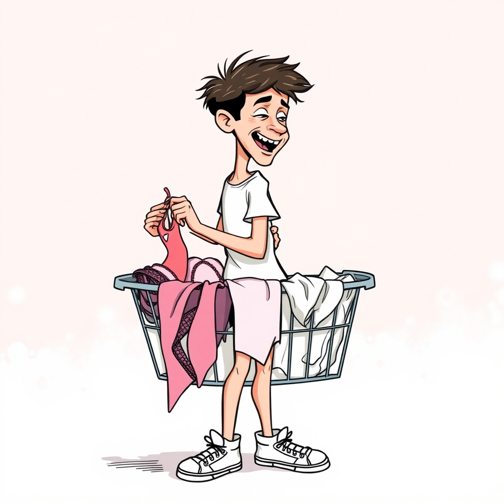 nervous short 20 year old european skinny man, short white t-shirt, standing, stunned, mesmerized, joyful, aroused, heavy drooling, heavy sweating, fumbling through a small dirty laundry basket full only of sexy woman heavily stained worn lingerie, detailed fabric, side view, sneakers, detailed feet, 2D, caricature, cartoon, Sketch lines, coloring book, coloring book