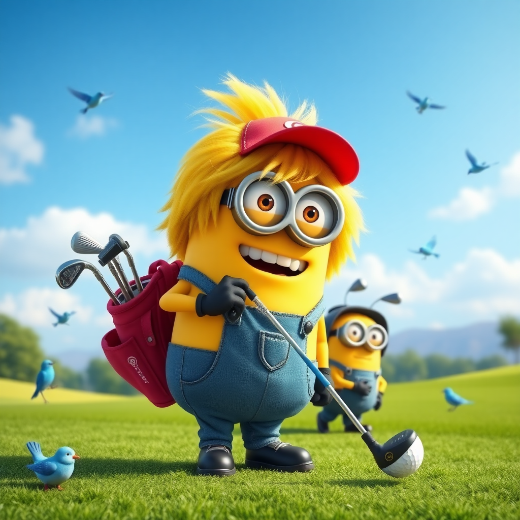 A minion from "Despicable Me" is playing golf on a beautiful golf course. He has a big bright yellow wig of hair. Another minion wearing a red ballcap is carrying his golf bag with the golf clubs in it. There are bluebirds and sunshine and the scene is beautiful and peaceful.