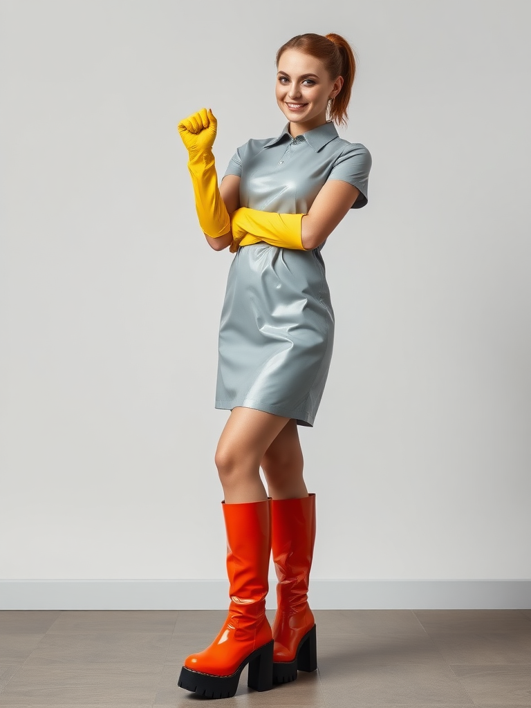 cute woman, cleaning rubber gloves, latex uniform, dress, shiny overknee platform boots