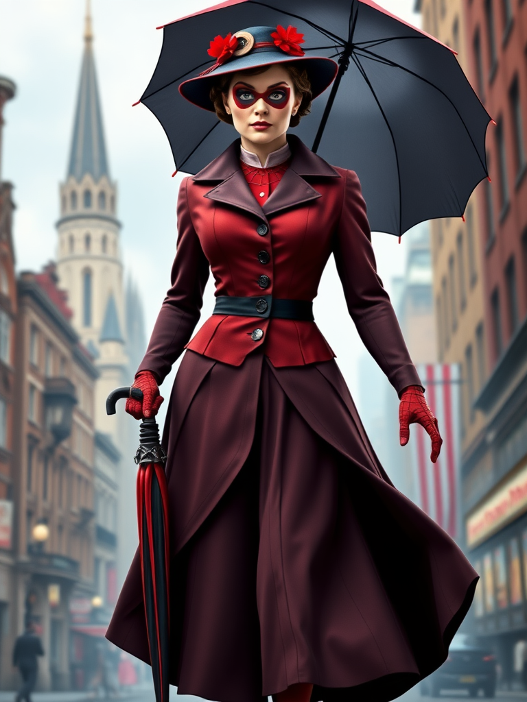 Create a full-length image of Mary Poppins with the masculine physique of Spider-Man, featuring defined muscles and an athletic build, but retaining Mary Poppins' original head. Her traditional clothing is modified to fit the muscular proportions, with a tailored, structured overcoat and elongated, fitted skirt to accentuate the build. She retains her iconic umbrella and hat. The background blends the whimsical charm of Edwardian London with the dynamic energy of a Spider-Man setting, like skyscrapers and bustling streets, reflecting both characters' worlds in one cohesive scene.