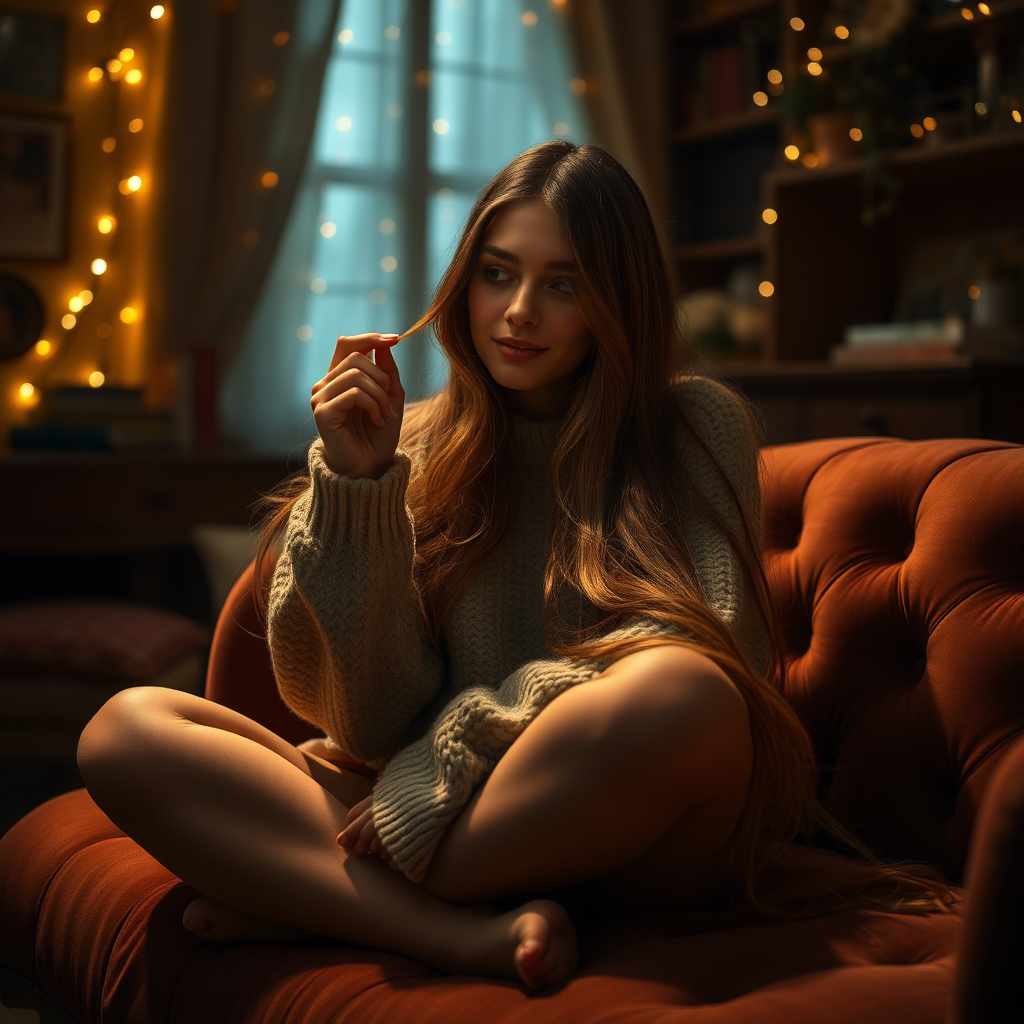 In a dimly lit room adorned with vintage decor, the soft glow of fairy lights dances off the walls, creating an intimate atmosphere. A figure, draped in a cozy oversized sweater, sits cross-legged on a plush, velvety chaise lounge, their fingers gently running through a cascade of silky, waist-length hair that shimmers under the warm light. Each strand glistens with rich shades of deep chestnut and honey highlights, swaying softly with the slightest movement, as the scent of jasmine and vanilla lingers in the air, adding a sweet touch to the serene setting.

The figure's expression is a blend of curiosity and delight; their eyes sparkle with fascination as they twirl a lock of hair between their fingers, enjoying the feeling of its softness against their skin. The room is silent, save for the gentle rustle of hair and the faint sound of a melodic tune playing in the background, enhancing the enchanting ambiance. The feeling of longing and admiration is palpable, as they become lost in the moment, savoring the delicate connection between touch and the allure of cascading hair.