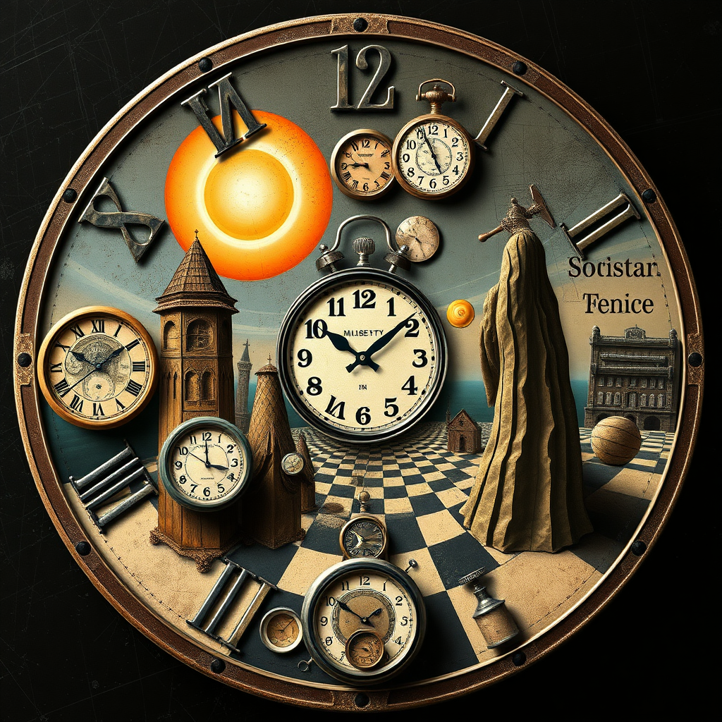 Create a mixed picture in "Maxfield Escher" and Salvador Dali style. With clocks.