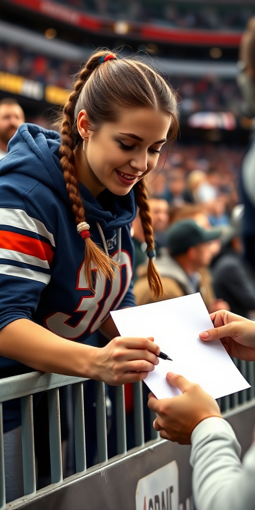 Attractive female NFL fan, pigtail hair, leaning forward over first row stadium barrier, giving a blank paper to a player, player signs it.