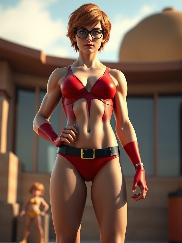 Generate a full-length hyper-realistic render of Velma Dinkley, using a male body type that resembles a chiseled superhero. The character should feature defined muscles and a V-shaped torso while keeping the original head intact. Modify the silhouette to reflect this transformation. Set the background in an appropriate environment that complements the character, enhancing the overall composition. Aim for vibrant colors and high detail, capturing the essence of Velma while showcasing the alterations in physique.