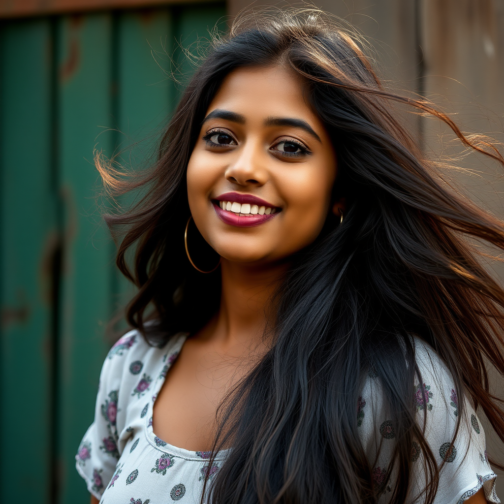 An attractive Sinhalese woman in her 20s playing with her long hair