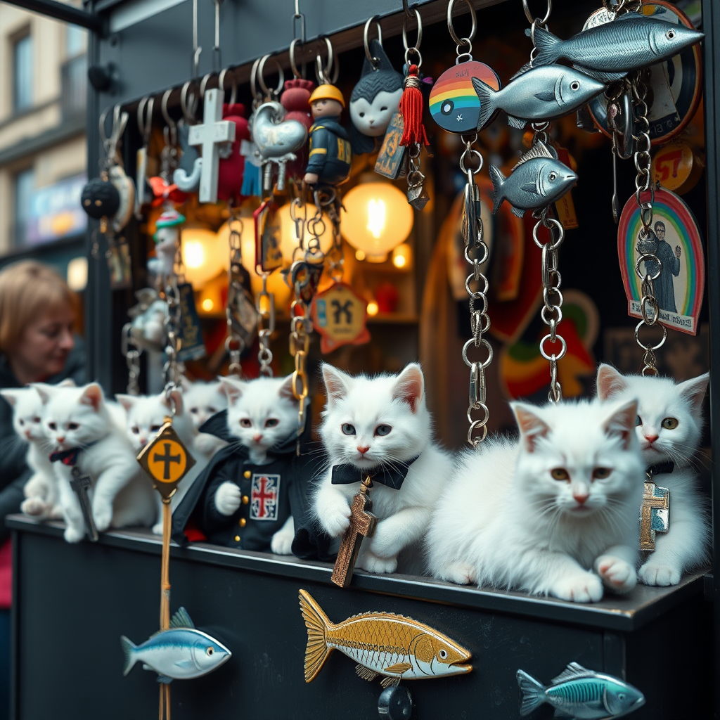 A street stall staffed by white kittens filled with kitschy keychains for tourists in Berlin, cats, Catholic, vampire, cross, tacky, rainbow, raining, weird, post-apocalypse, fish, punk rock.