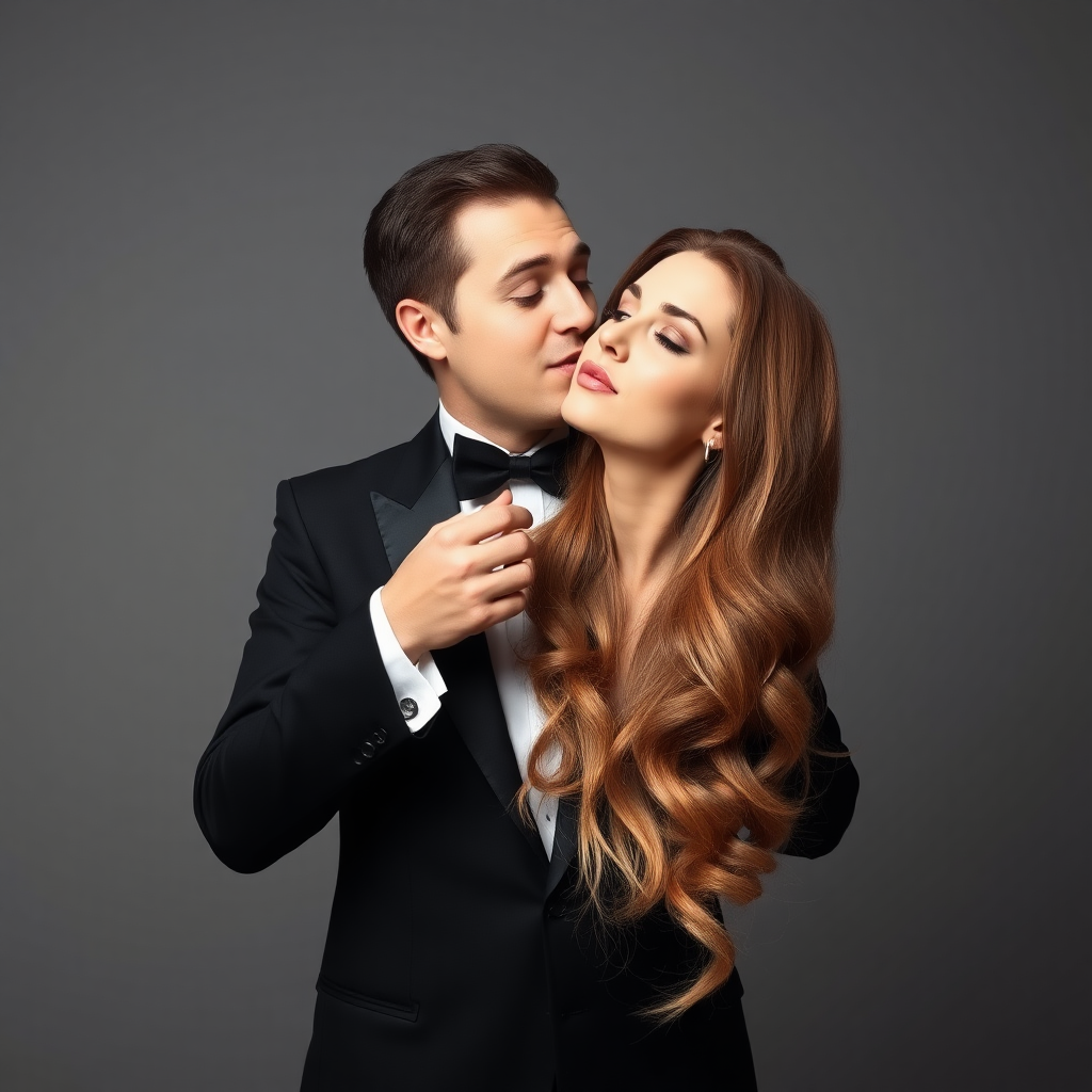 A surreal image of a smiling male magician holding up the disembodied head of a very long haired Kate Middleton. Plain gray background. He is kissing her on the lips.