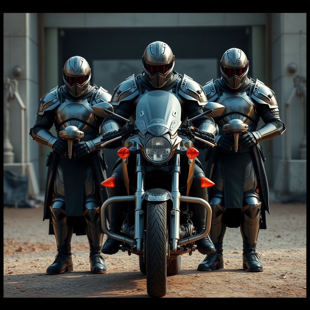 Three men in armor and a motorcycle in the center.