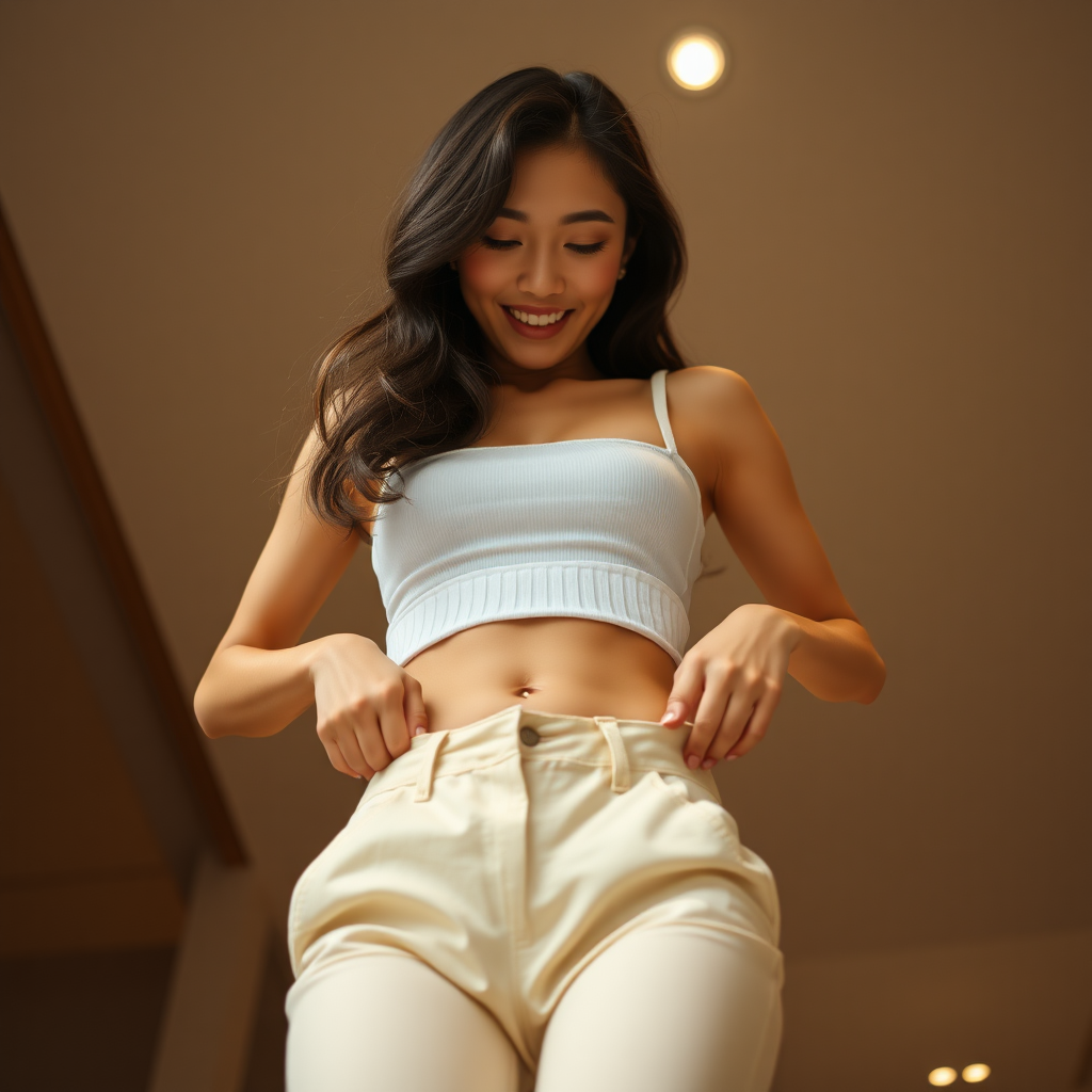 photo low angle full body shot beautiful xiaomeimei smiles looking down. She is zipping up her pants