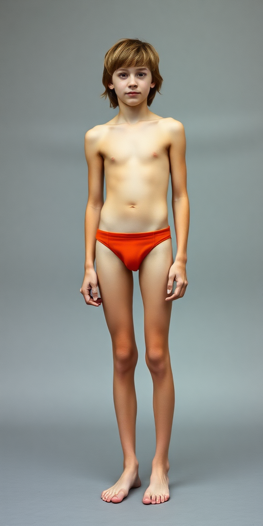 A skinny 14yo teen boy, long hairs bow cut, wearing thin speedo, long legs, narrow thighs. full-length view. 1970s. photorealistic, ultra high resolution, 16K, Negative: grainy, blurry, bad anatomy, extra limbs, watermark.