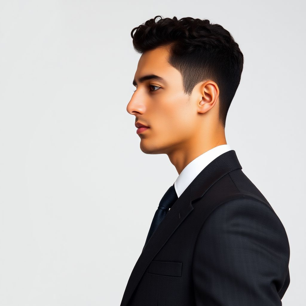 Tall male Tunisian model in profile, dressed in an elegant suit, long pants, patent leather shoes, very short curly hair, oval face, small nose, brown eyes, thin lips, normal attached ears, slight double chin, Mediterranean complexion, very thin brown eyebrows.