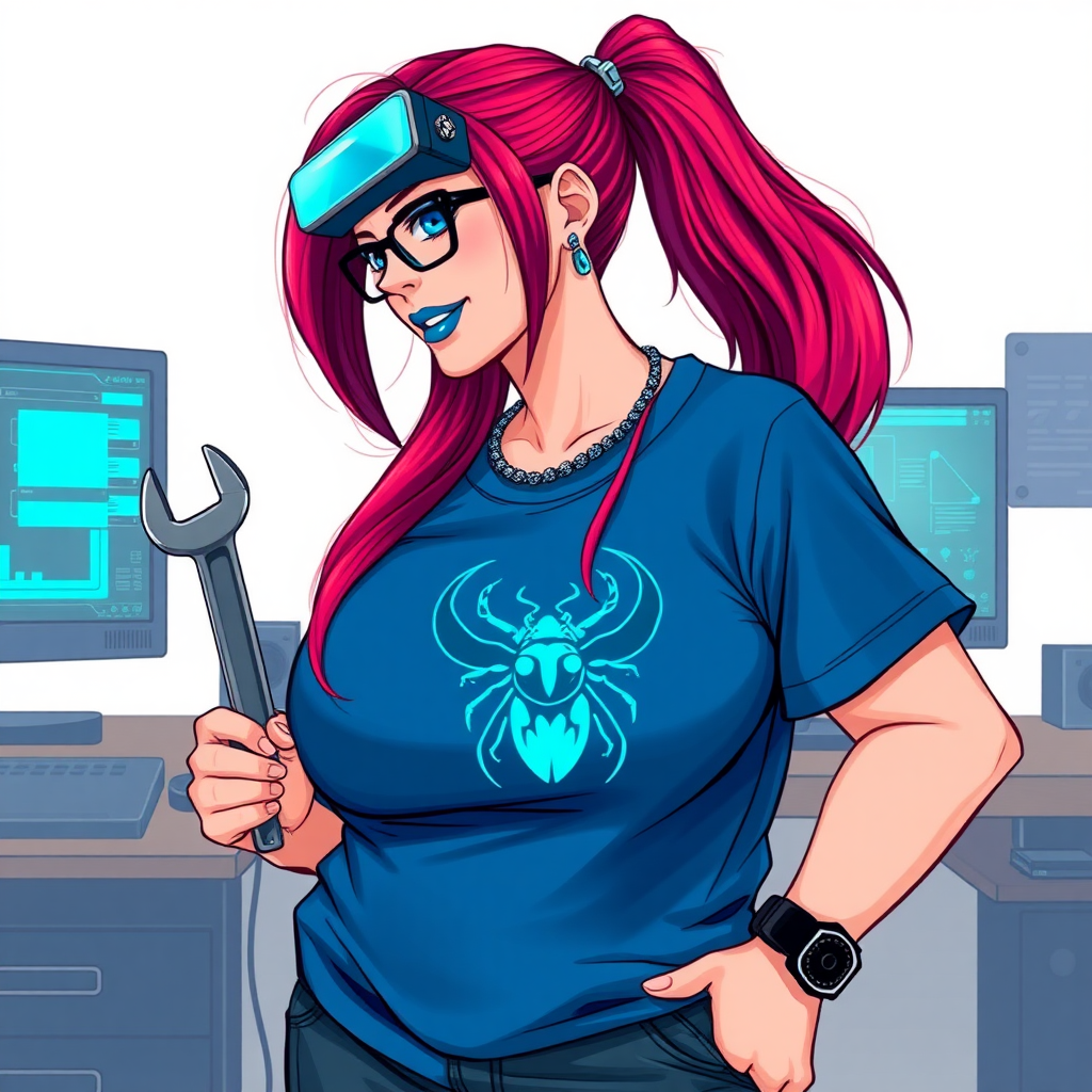 A cyberpunk vigilante’s full-figured intelligent and tech-savvy 29-year-old girlfriend, who is a computer hacker and tech genius. She has a long ruby red ponytail streaked with sky blue. She wears maximum blue lipstick, blue eyes, a sapphire beetle gemstone necklace, sapphire earrings, black eyeglasses, a futuristic holographic wristwatch computer, and an oversized maximum blue t-shirt featuring a neon blue beetle chest emblem. She has a full-figured, well-rounded physique with a prominent, round midsection, reflecting her well-cared-for lifestyle. Her round midsection is broadened and bloated to emphasize her figure. She sports a sapphire headset with a high-tech maximum turquoise lensed HUD, and a shy smile with a neon red blush. She is holding a futuristic hi-tech wrench while standing in her workshop in front of her computer desk and work bench. The background is solid white. She is drawn as if she was in a retro 2D cyberpunk fighting game.