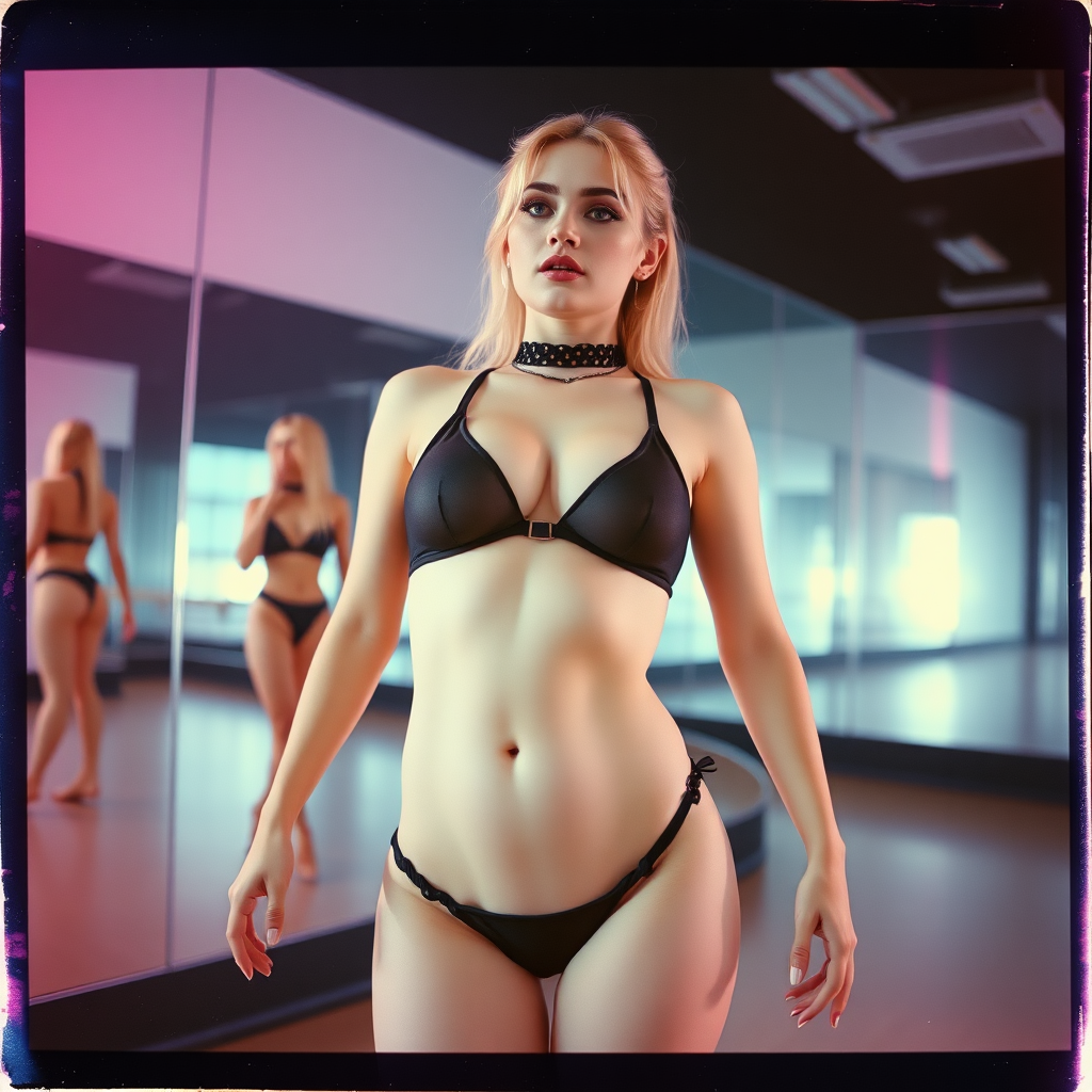 old polaroid photo with heavy vignetting and pink and blue artistic studio lighting color tint and light leak, depicting a sexy curvy thicc pale white alt goth girl with eye makeup, wearing a tiny revealing black see thru bikini gstring thong with a small outline of her labia and nipples visible, standing in a dance studio made entirely of mirrors