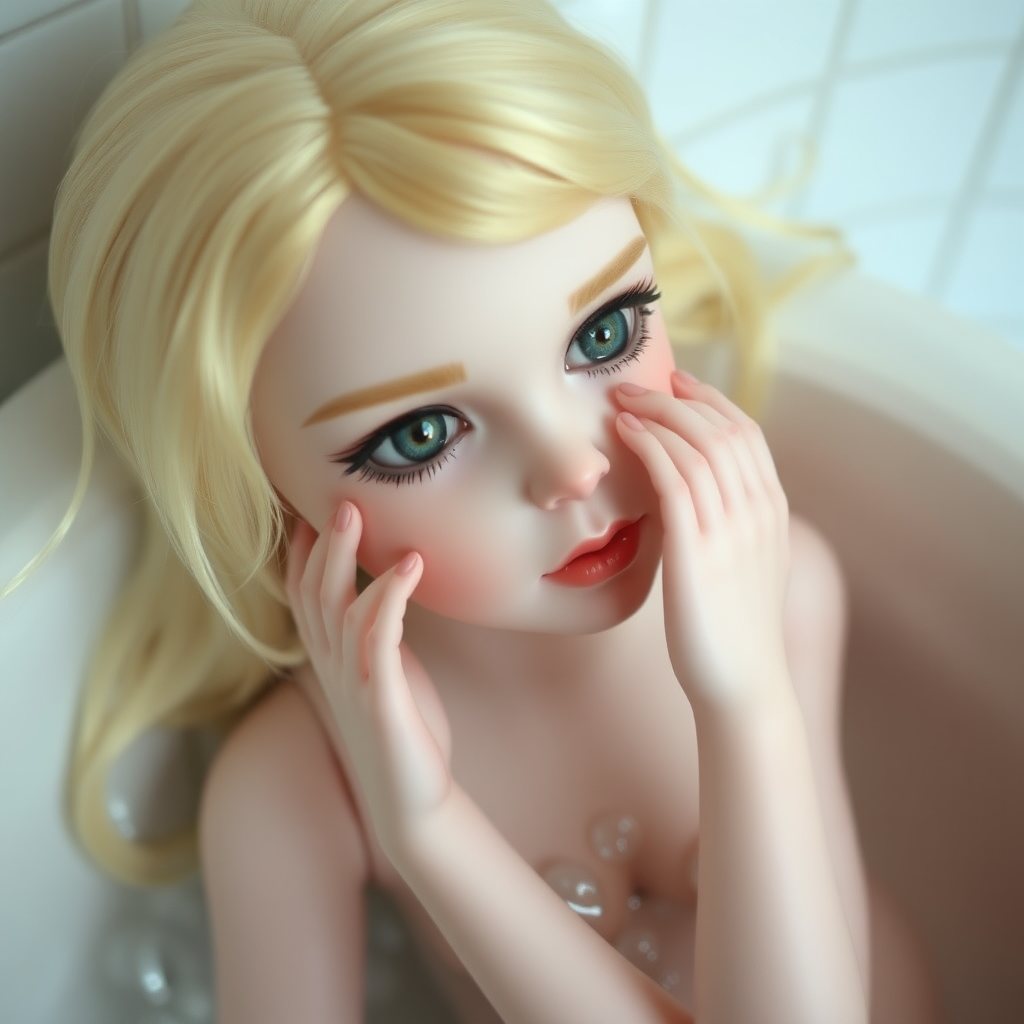 ooak art doll falling in love, flirting, artist doll, realistic doll, life-like porcelain doll, young preteen girl, unique personality, stunning eyes, bisque doll, bathing, dynamic pose