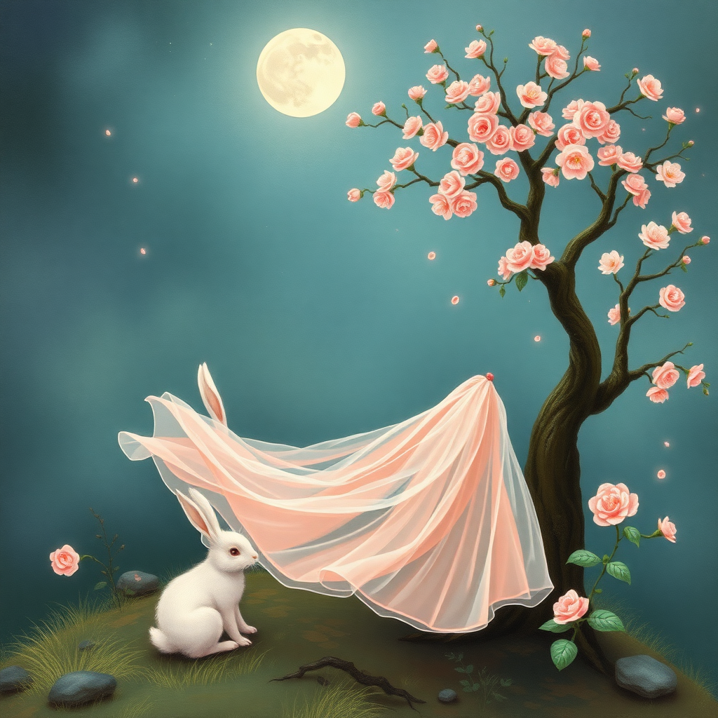 Paint the little white rabbit with ruby-colored eyes, sister Chang'e in a long sheer skirt, the jade rabbit, and the tall laurel tree all into the moon.