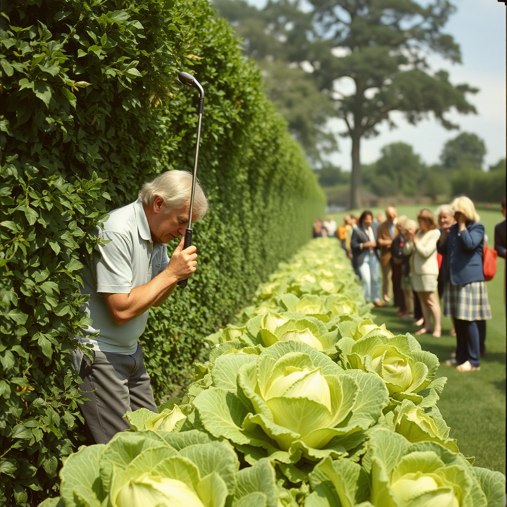 Highly detailed Kodachrome color real British surrealist photograph from 1978 of Harold took an eight-iron at the first Hoped the hedge whilst Tostig chipped and cursed Sliced into a sticky patch and, playing out, He'd met his match When lettuce leaves had made the crowd disperse