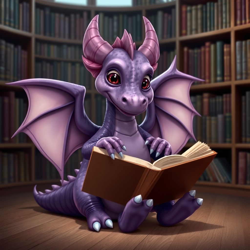 A lazy small purple dragon with two legs, two arms, and wings in a library reading from a large book sitting in front of him.