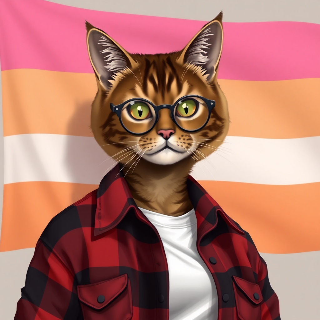 female cat-man brown color with, behind, a flag with horizontal colors pink/light pink/white/light orange/orange, colors in that order, wearing semi-round glasses, an open red and black checkered shirt with a white t-shirt, in digital art