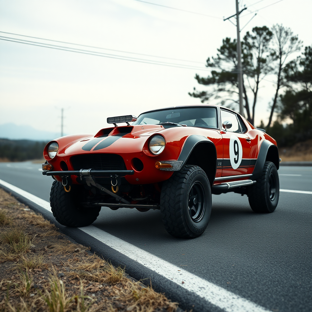 concept ford gt90 the 4x4 car is parked on the side of the road, inspired by Taiyō Matsumoto, tumblr, restomod, nd4, c4