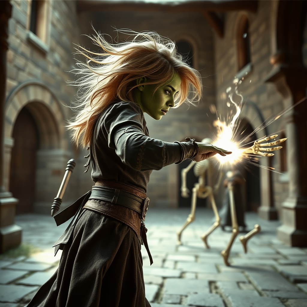 A full body shot of a pretty twenty-something female orc wizard with a face resembling (ana de armas). green skin. facing towards a skeleton a skeleton warrior that is running toward her, she casts a magic spell at it, striking it in the head. strawberry blonde messy shoulder length hair tussled by wind. inside a courtyard. Hyper-realistic, Photorealistic digital matte painting, soft focus, film grain, lens flare. gritty, dirty, scuffed.