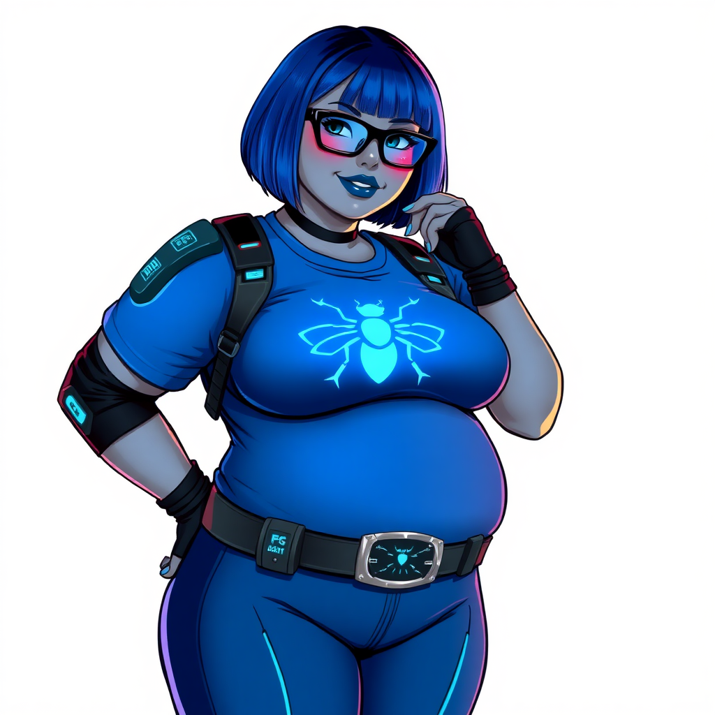 A 28-year-old, full-figured, middle gray skinned computer program hybrid with a maximum blue bob cut. She has a non-athletic, full-figured build, highlighted by a prominent, round, large midsection (with full emphasis on her large belly). As the full-figured, nerdy, digital sidekick to her cyberpunk vigilante boyfriend, her middle gray metallic skin and maximum blue lipstick emphasize her digital nature. She wears a digital, computerized costume inspired by DC’s Carrie Kelly Robin, consisting of a huge, tight-fitting, maximum blue t-shirt with a neon blue glowing chest icon of a beetle, hi-tech shoulder pads with neon blue accents, a black hi-tech belt with a digital neon blue glowing buckle, digital maximum blue pants with neon blue accents, and black hi-tech fingerless biker gloves with neon blue glowing accents. Her bright blue eyes, black eyeglasses with a neon glowing blue lenses with built-in HUD, and shy smile with neon red blush accentuate her nerdiness. She stands bashfully with one hand behind her back and the other hand gently touching her cheek, her costume covering all her skin and emphasizing her full-figured physique (especially her belly). She is clearly non-athletic, with a heavy focus on her large belly. Despite her build, she radiates beauty. She has a slim face compared to her physique, accentuating her radiant beauty. She is on a solid white background. She is drawn as if she were in a retro 2D cyberpunk fighting game.