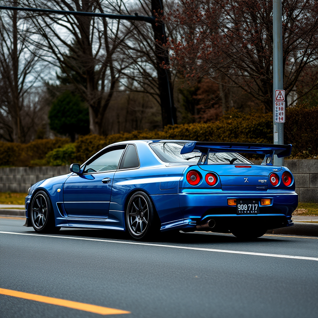 metallic shine nissan skyline r34 the car is parked on the side of the road, inspired by Taiyō Matsumoto, tumblr, restomod, nd4, c4 cold colors