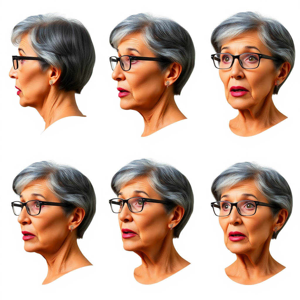 Photorealistic image of six headshots of a 50 Years old, fit, European, Latina, sharp aquiline nose, wrinkles, high cheekbones, Middle Eastern, Skinny, Tanned skin, Dark light skin, full Makeup, jewelry, Sharp nose, exaggerate expression, surprised, astonished, over delighted, mouth open, dark grey Ash hair, short bowl haircut, Brown eye color, Glasses, with detailed features. Each photo displays the same face in back, profile and front view, cut out and isolated on a green background. All six heads are visible side by side, empty space around each view, no overlapping.