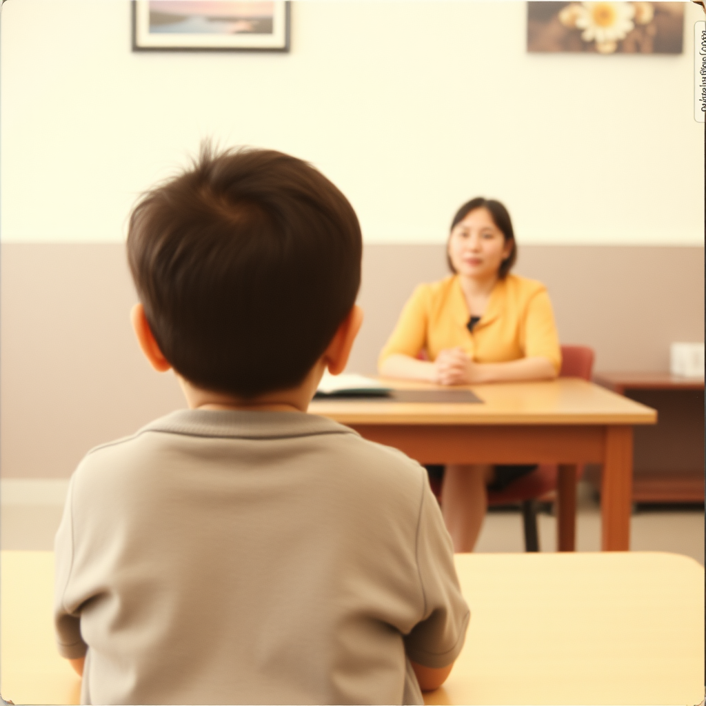 An amateur photograph, taken from behind a child. The child is sitting down in front of a table. Behind the table, a female counsellor is sitting. The counsellor is East Asian. The child and the counsellor are engaged in conversation. Underexposed.