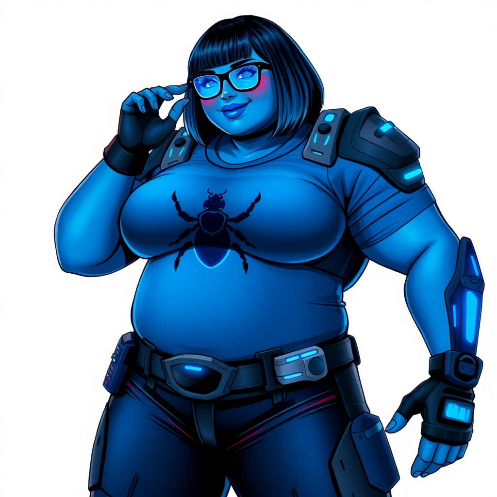 A 28-year-old, full-figured, metallic maximum blue (5PB 5/10) skinned computer program hybrid with a maximum blue bob cut. She has a non-athletic build, highlighted by a prominent, round, large midsection (with emphasis on her round large belly), which shows the effects of her love of junk food acquired from her boyfriend. As the full-figured, nerdy, digital sidekick to her cyberpunk vigilante boyfriend, her metallic maximum blue skin and maximum blue lipstick (5PB 5/12) emphasize her digital nature. Her skin has a subtle, animated glow, with digital patterns occasionally flickering across it, making her digital nature obvious. She wears a digital, computerized superhero costume, consisting of a massive, tight-fitting, maximum blue t-shirt (5PB 5/12) with a neon blue glowing chest icon of a beetle, hi-tech shoulder pads with neon blue accents, a black hi-tech belt with a digital neon blue glowing buckle, digital maximum blue biker pants (5PB 5/12) with neon blue accents, and black hi-tech fingerless biker gloves with neon blue glowing accents. Her neon blue glowing eyes, black eyeglasses with neon blue glowing lenses equipped with a built-in HUD, and bashful smile with neon red blush accentuate her nerdiness.

She stands with a shy, slightly hunched posture, one hand nervously adjusting her glasses while the other clutches a digital tablet close to her chest. Her pose reflects her intellectual curiosity and slight social awkwardness, much like Sci-Twi. Her costume covers all her skin and emphasizes her full-figured physique (especially her round belly). Despite her build, she radiates beauty. She has a slim face compared to her physique, accentuating her radiant beauty. She is on a solid white background. She is drawn as if she were in a retro 2D cyberpunk fighting game.