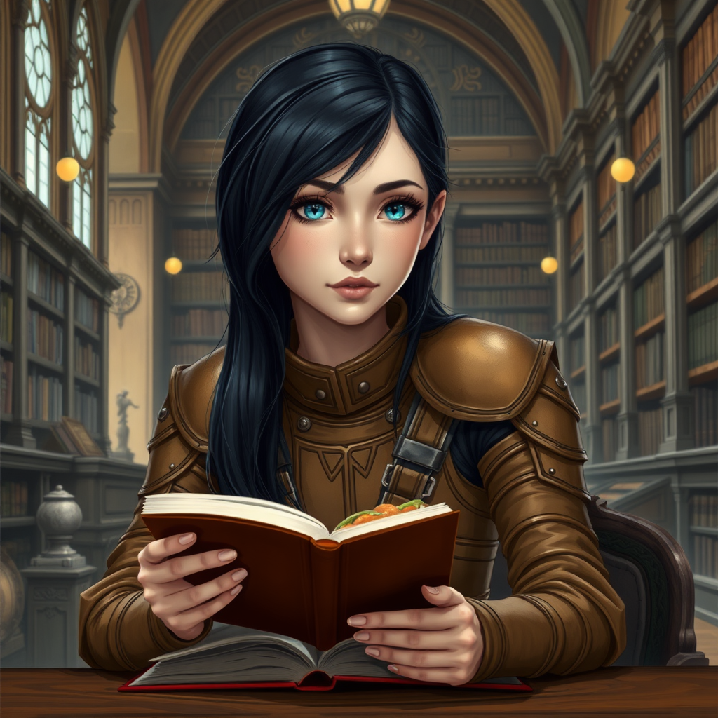 beautiful young woman, dark hair past her shoulders, blue eyes, small, slim figure, wearing full, light-brown leather armor suit, sitting at a table reading a book with sandwich, in a grand old library.