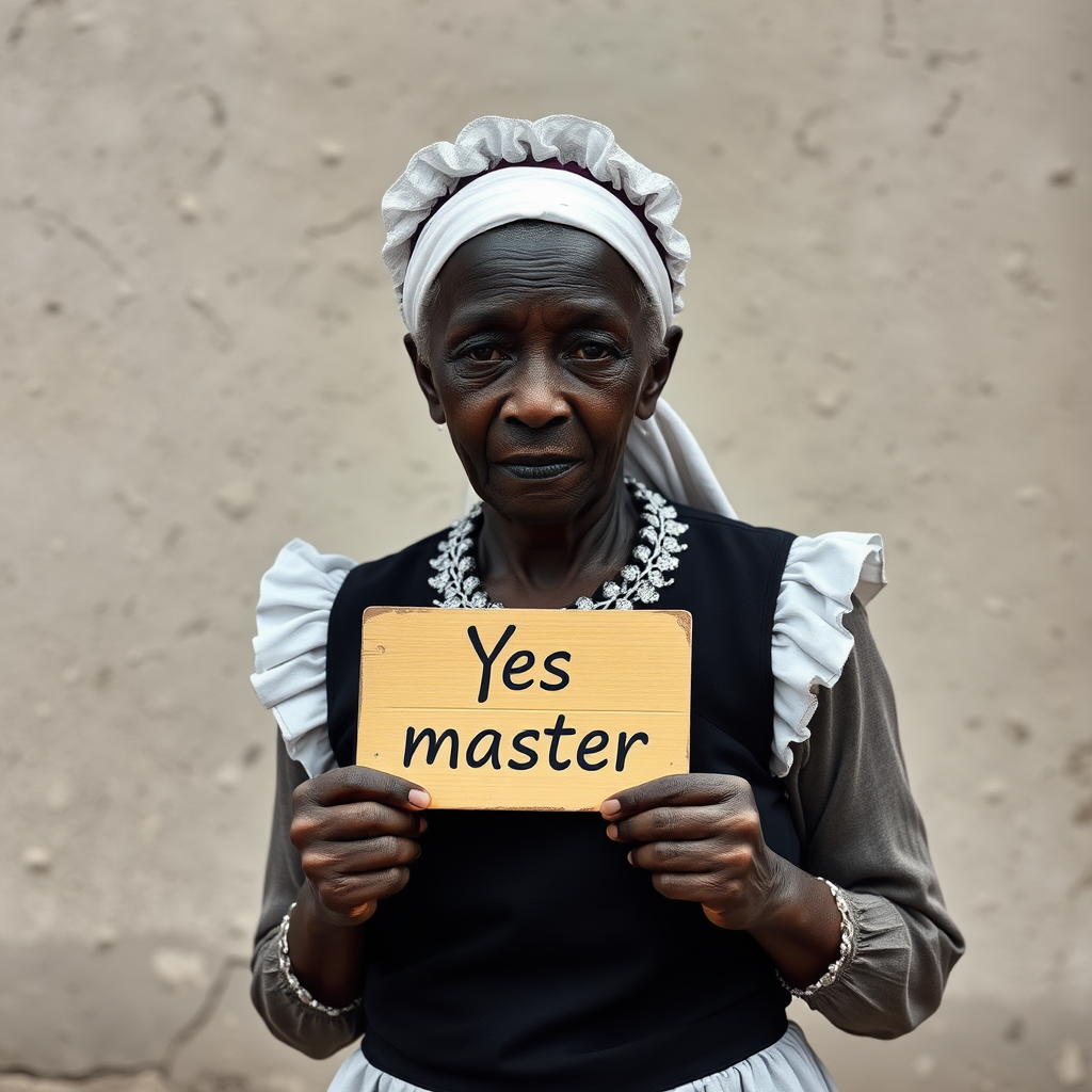 A black woman maid dressed old a sign "Yes master"