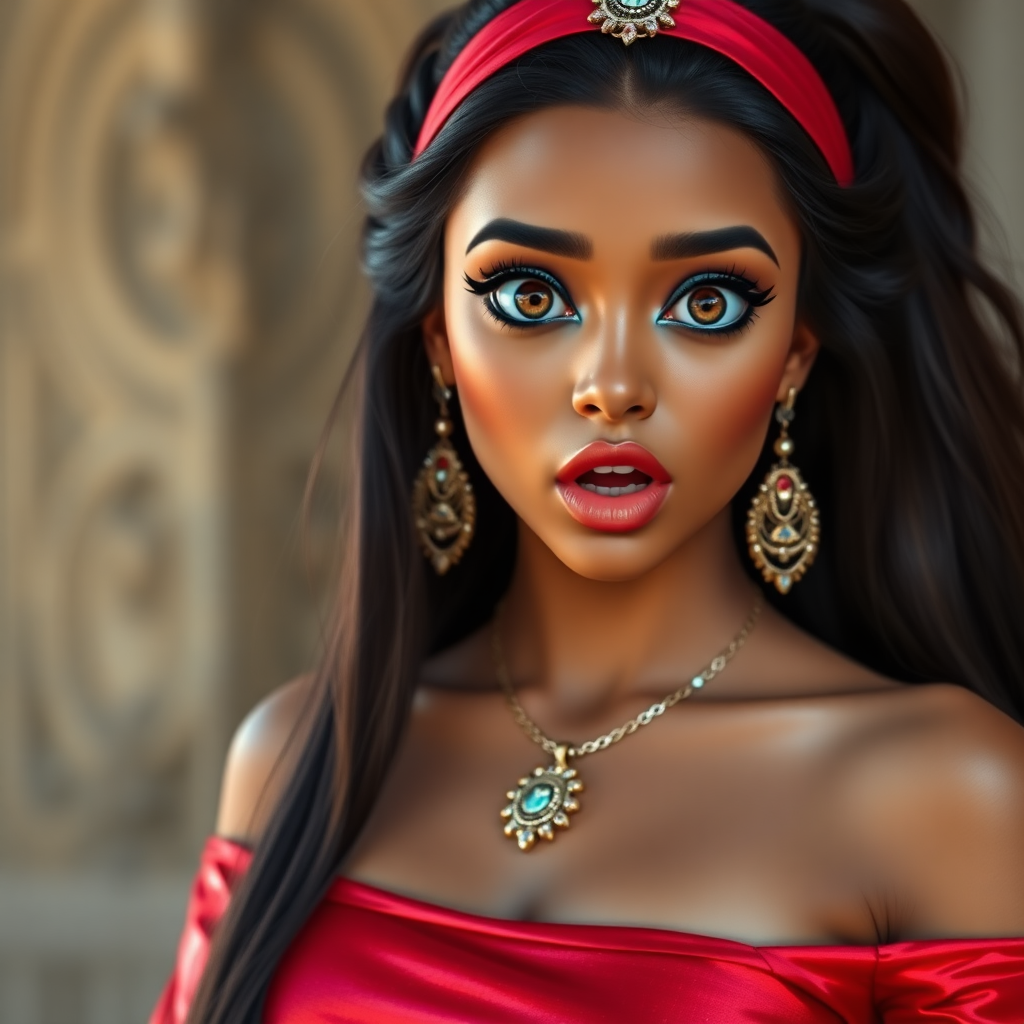 surprised Arabian girl with mouth open. She has very large eyes, black eyeshadow, black eyeliner, fake eyelashes, very tanned skin, very long hair. very high ponytail, princess jasmine, red off shoulder shinny crop top. photo realistic