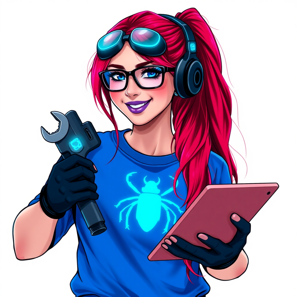 An intelligent and tech-savvy 29-year-old computer hacker and tech genius. She has a long ruby red ponytail. She wears maximum blue lipstick, blue eyes, a sapphire beetle gemstone necklace, sapphire earrings, black eyeglasses, hi-tech power gloves, and an oversized maximum blue t-shirt featuring a neon blue glowing beetle chest icon. She has a gargantuan full-figured physique with a prominent round gargantuan midsection, reflecting her well-cared-for lifestyle. She sports a sapphire headset with a hi-tech maximum turquoise lensed HUD, and a beaming smile accentuated by a passionate neon red blush. She serves as his tech expert from his hideout, holding a futuristic tool wrench and a futuristic digital tablet. The background is solid white. She is drawn as if she was in a retro 2D cyberpunk fighting game.