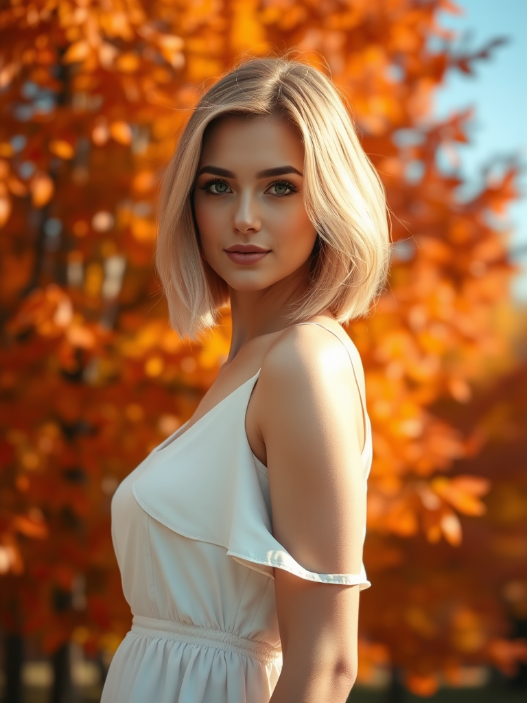 Beautiful model close-up in a short white dress, golden blonde bob hairstyle, with beautiful autumn foliage in the background, in high definition.