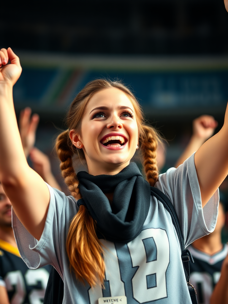 Attractive female NFL fan, pigtail hair, cheering wildly