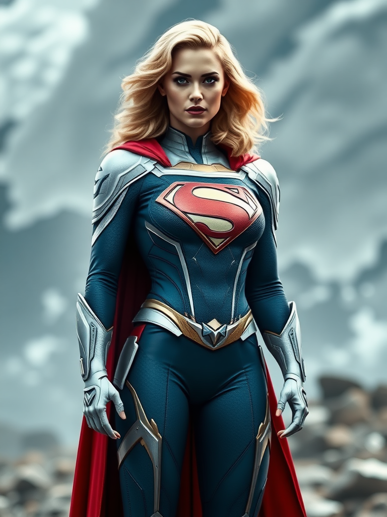 Generate a full-length image of a character with the body attributes of Emma Frost, including height, frame, and shape, but with the iconic costume and characteristics of Superman. Incorporate embellishments and elements from Emma Frost's costume into the design. Set the background in an environment appropriate for both characters' aesthetics and powers.